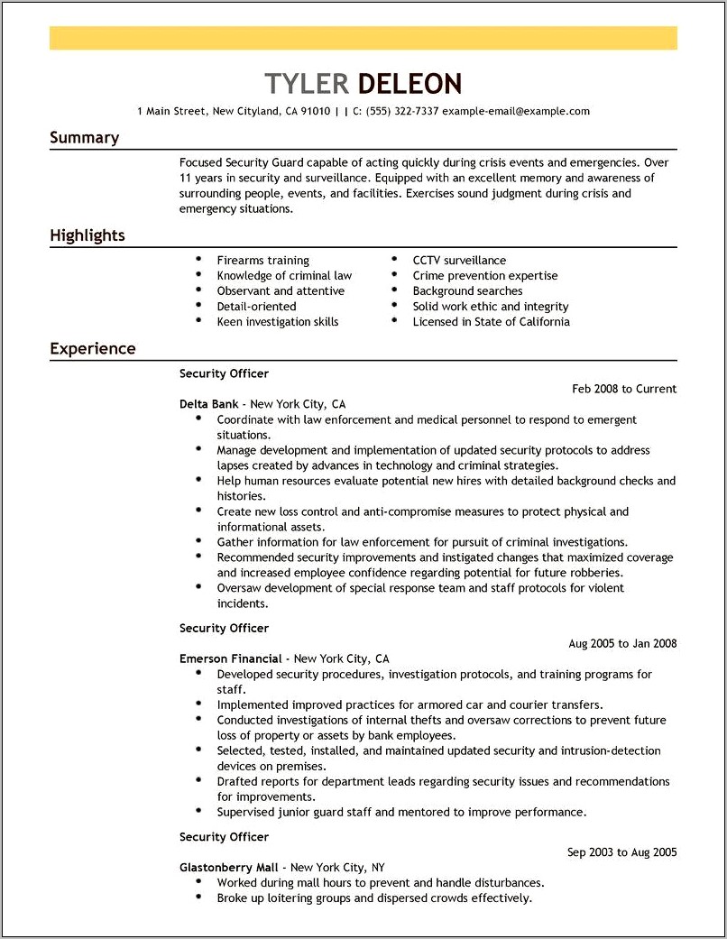 Sample Resume For Hotel Security Manager