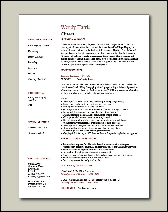 Sample Resume For House Cleaning Job