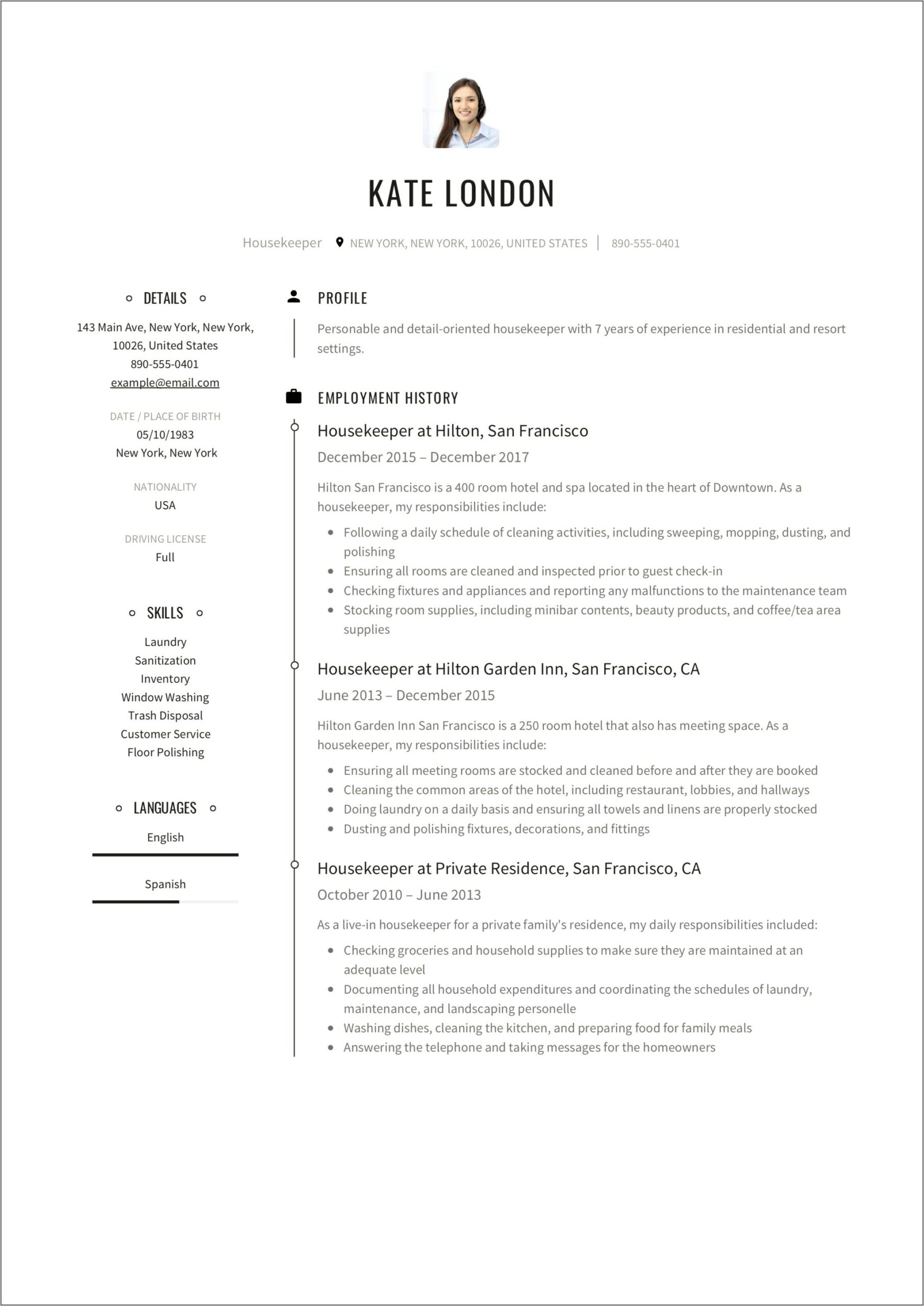 Sample Resume For Housekeeper Office Receptionist And Painting