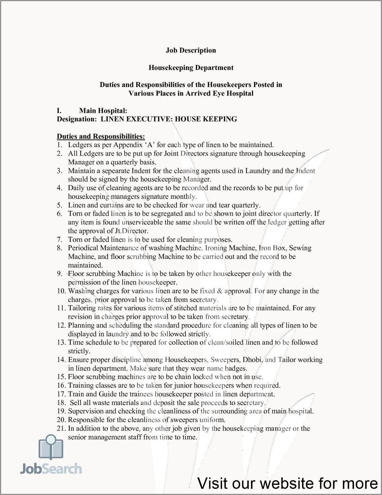 Sample Resume For Housekeeping Job In Hospital