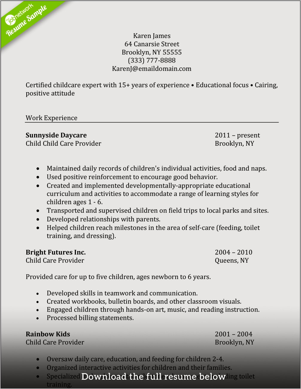 Sample Resume For In Home Child Care Provider