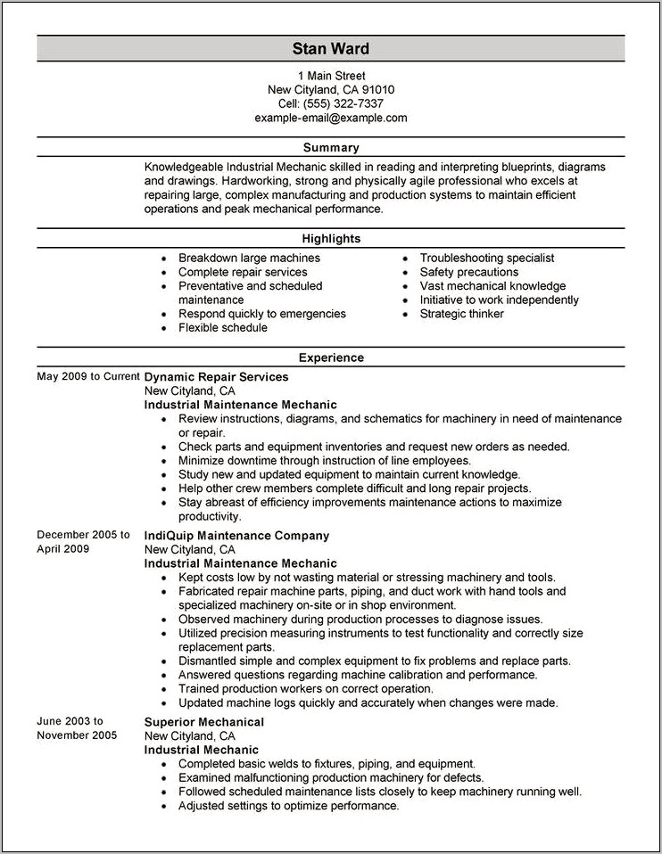 Sample Resume For Industrial Maintenance Technician