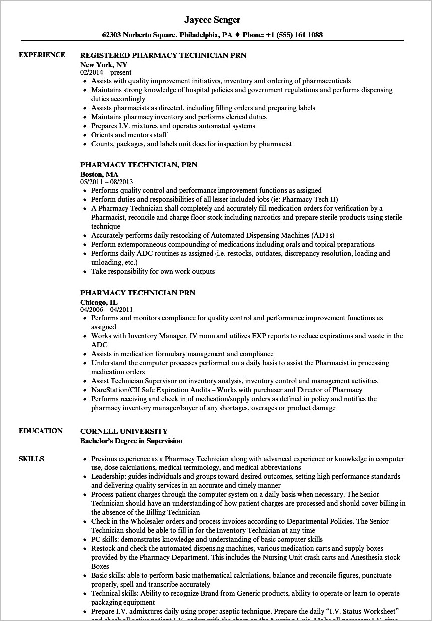 Sample Resume For Inpatient Pharmacy Technician