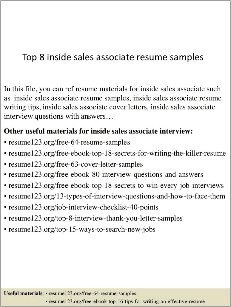 Sample Resume For Inside Sales Position