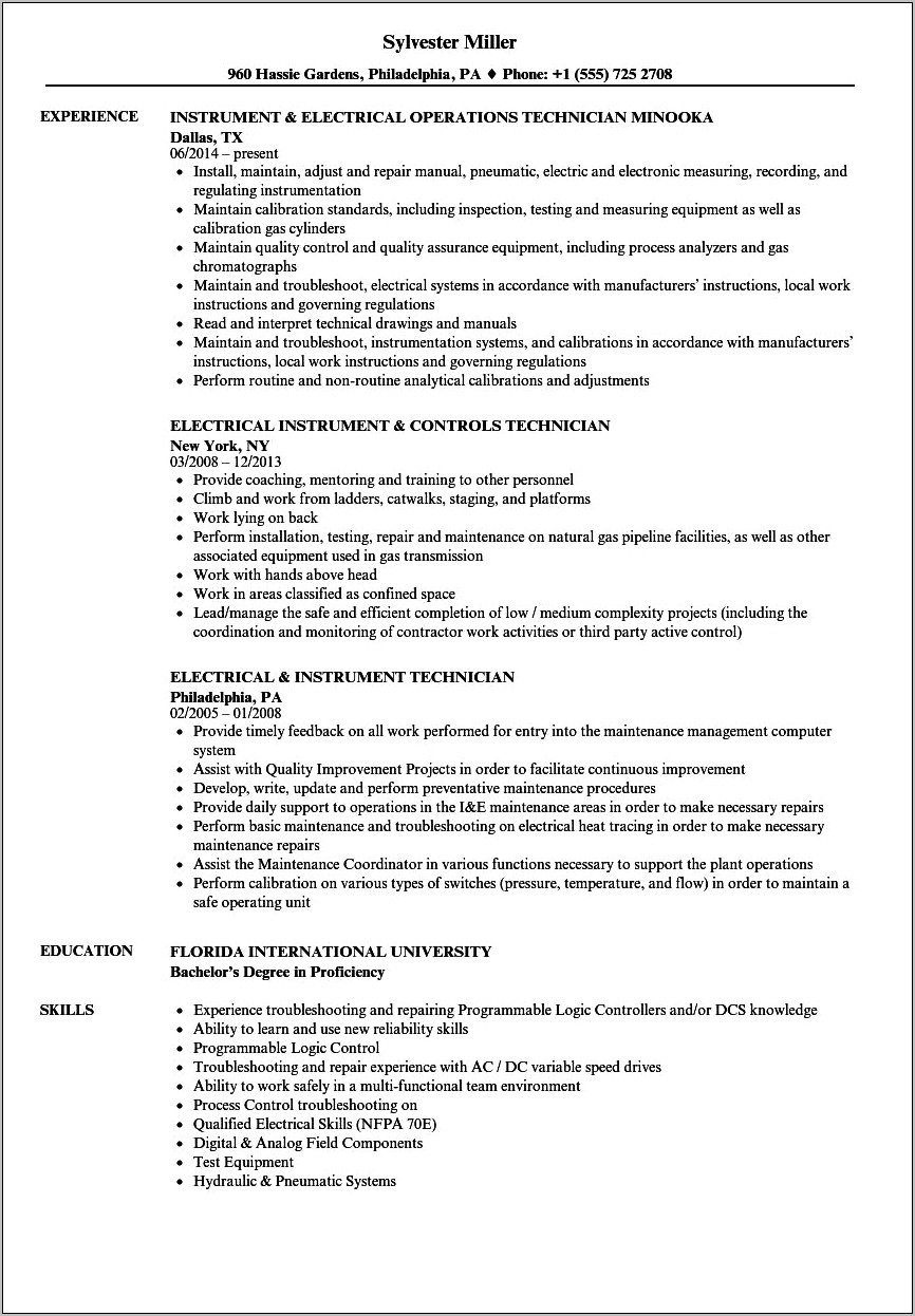 Sample Resume For Instrumentation And Control Technician
