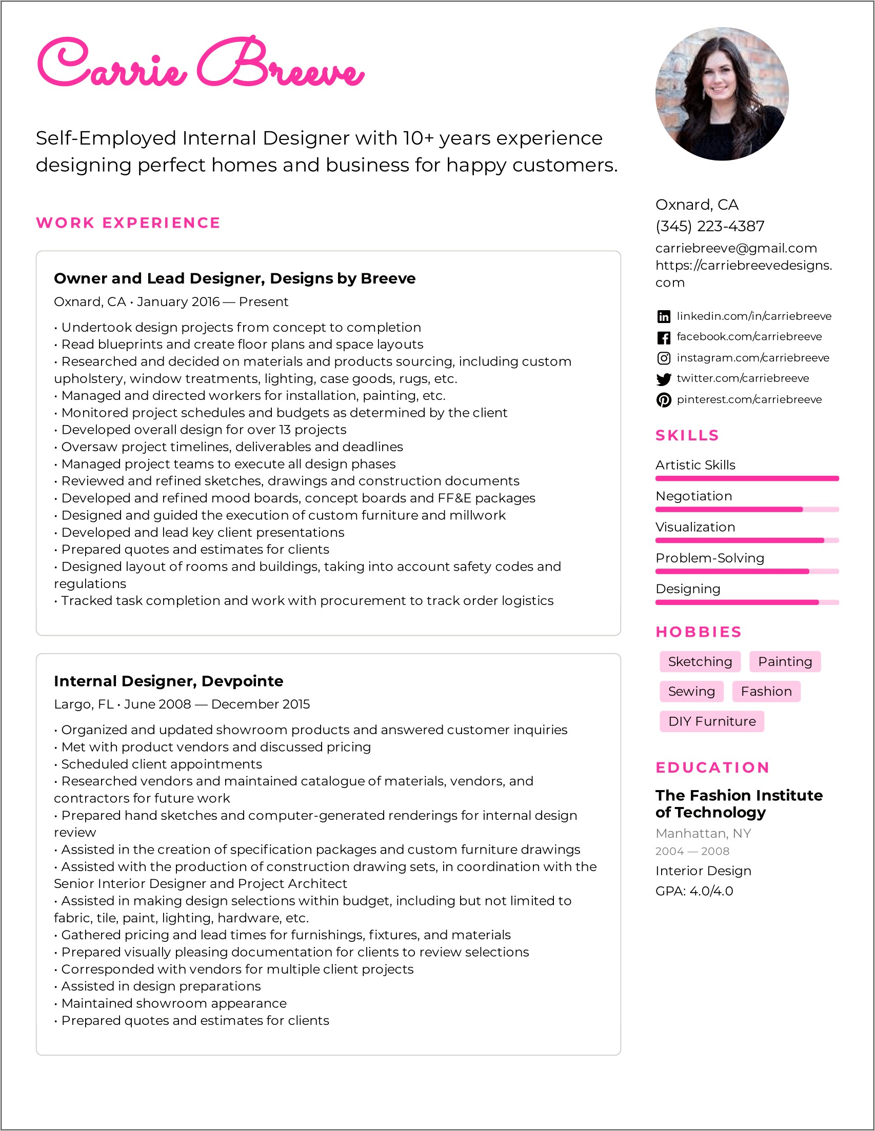 Sample Resume For Interior Designer Fresher