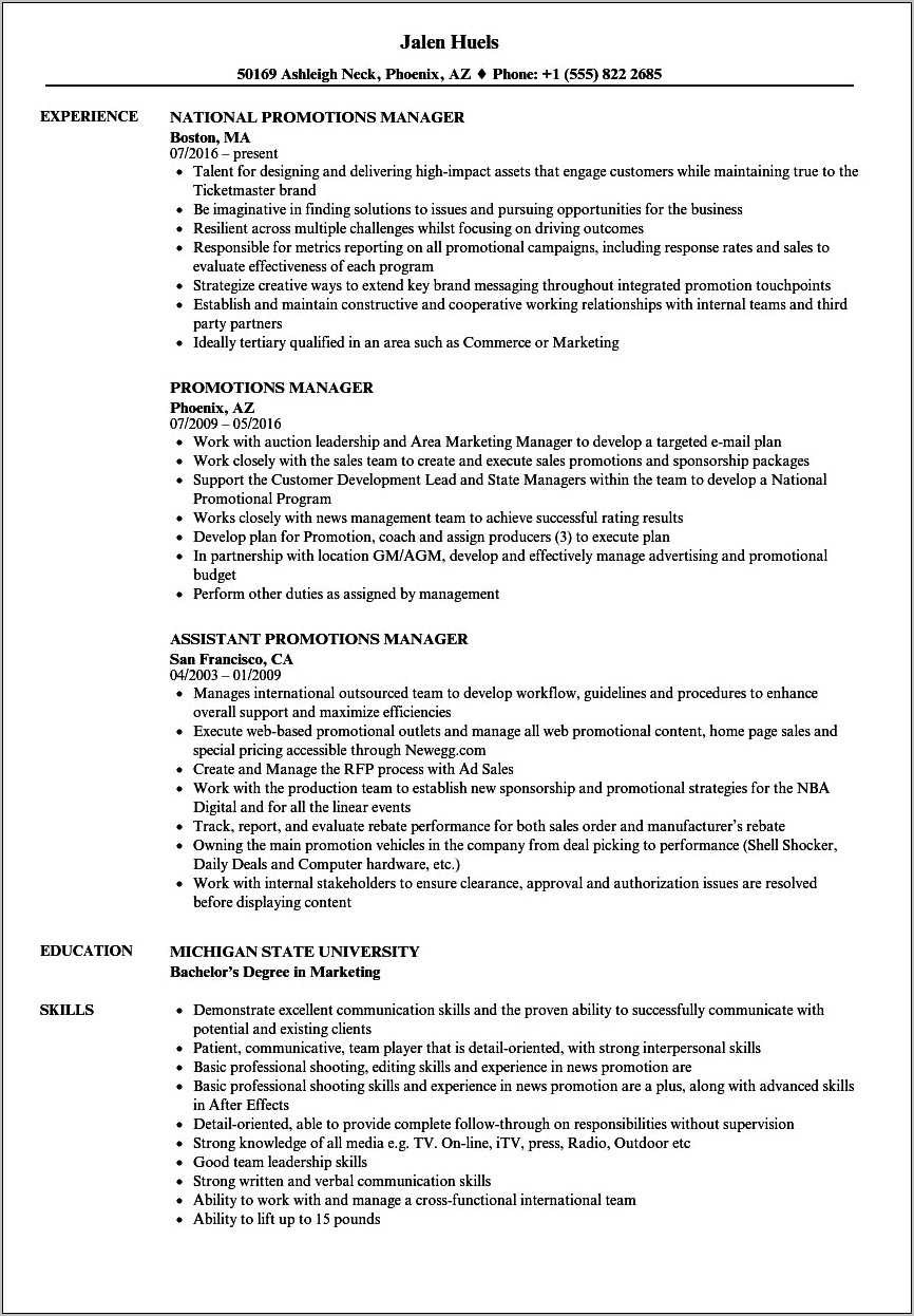 Sample Resume For Internal Job Promotion
