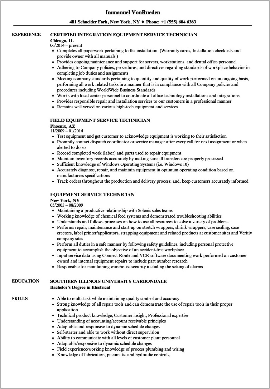 Sample Resume For It Field Service Technician