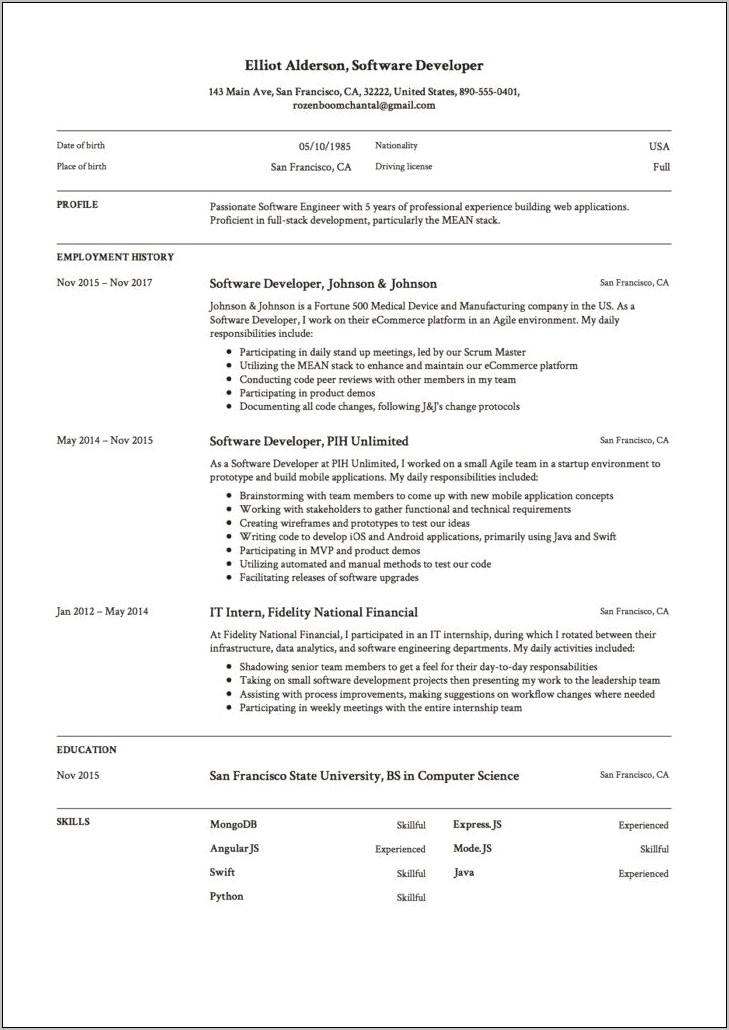 Sample Resume For Java Developer 1 Year Experience