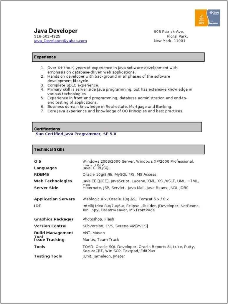 Sample Resume For Java Developer Fresher