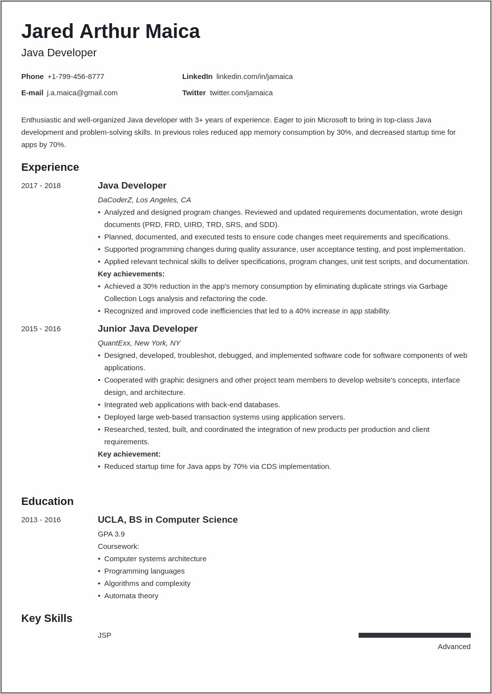 Sample Resume For Java Full Stack Developer