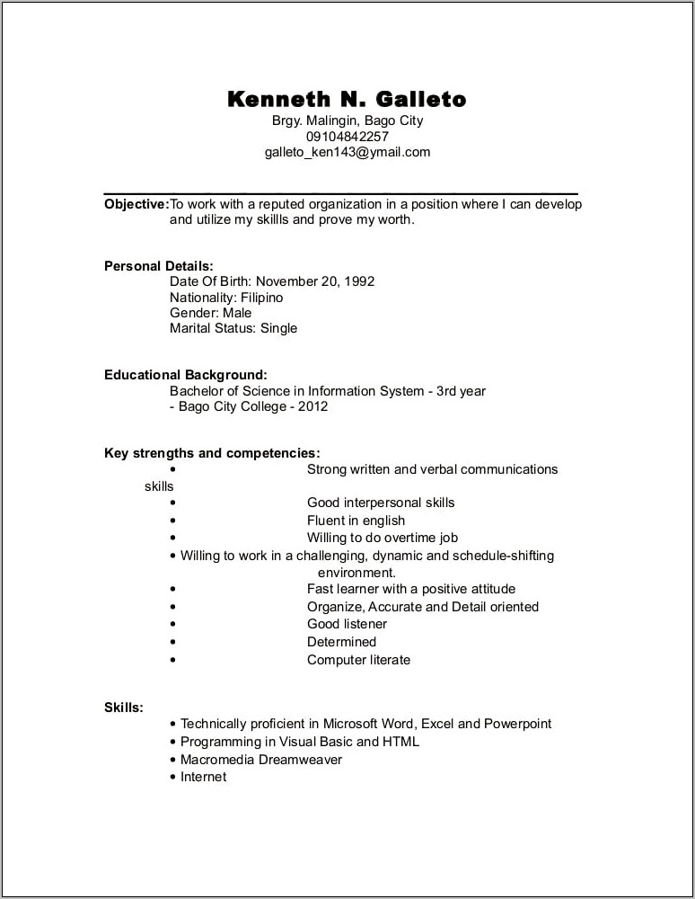 Sample Resume For Job Applying As Undergraduate