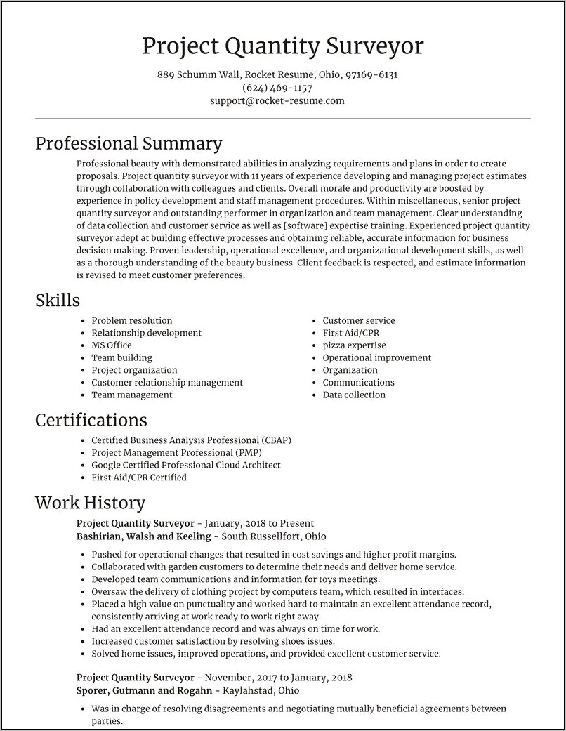 Sample Resume For Junior Quantity Surveyor
