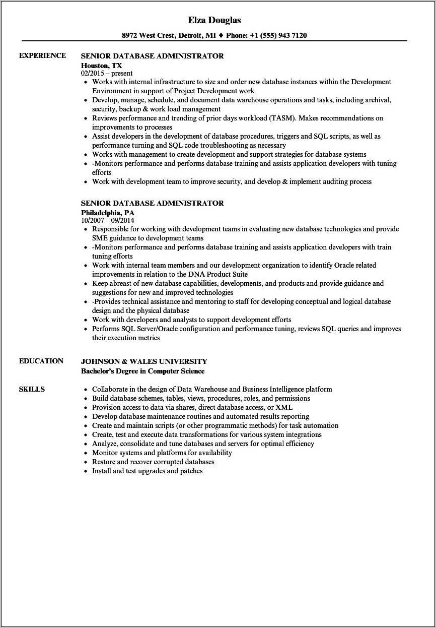 Sample Resume For Junior Sql Dba