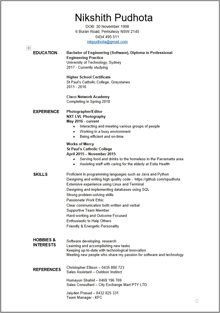 Sample Resume For Kfc Team Member