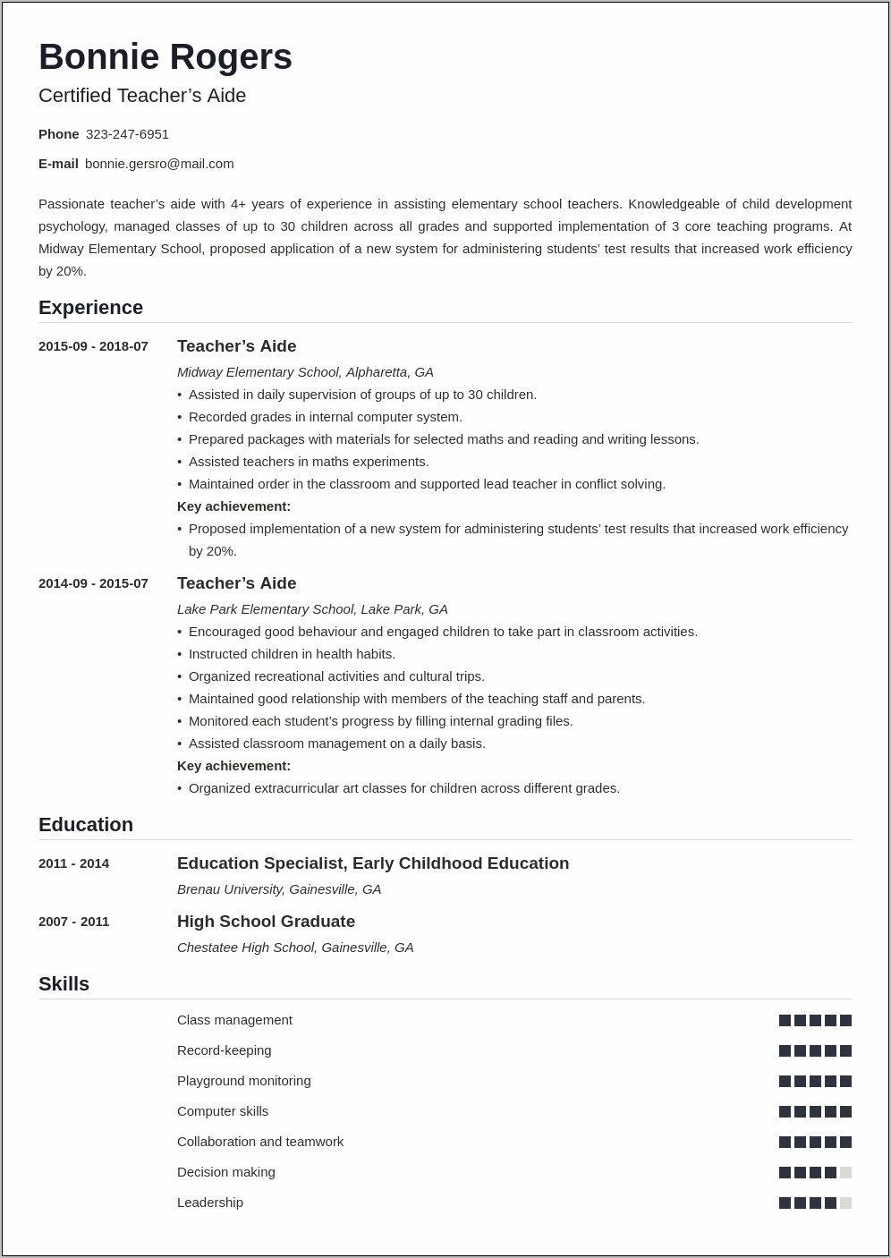Sample Resume For Kindergarten Teacher Assistant