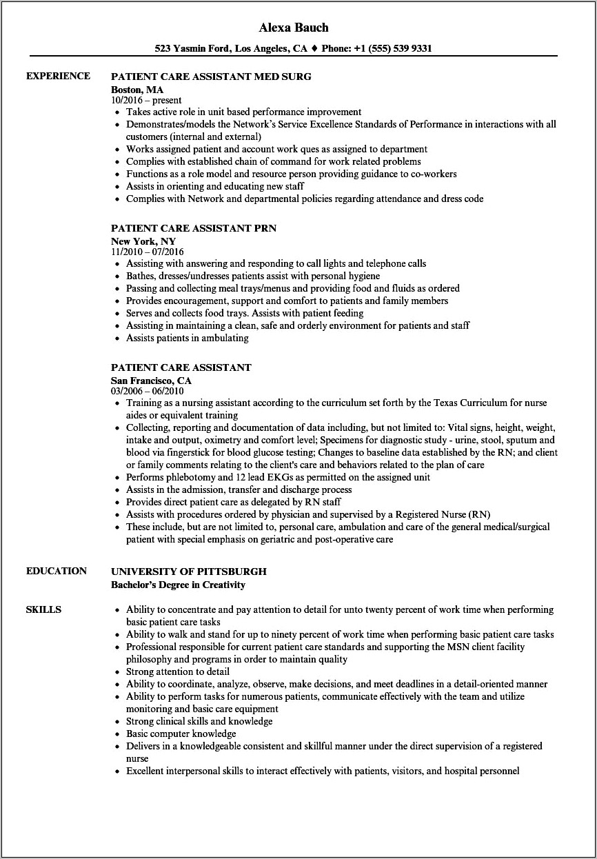 Sample Resume For Lead Patient Care Hostess Hospital