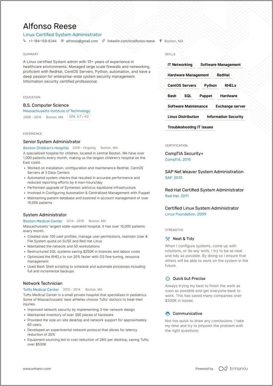 Sample Resume For Linux System Administrator Fresher