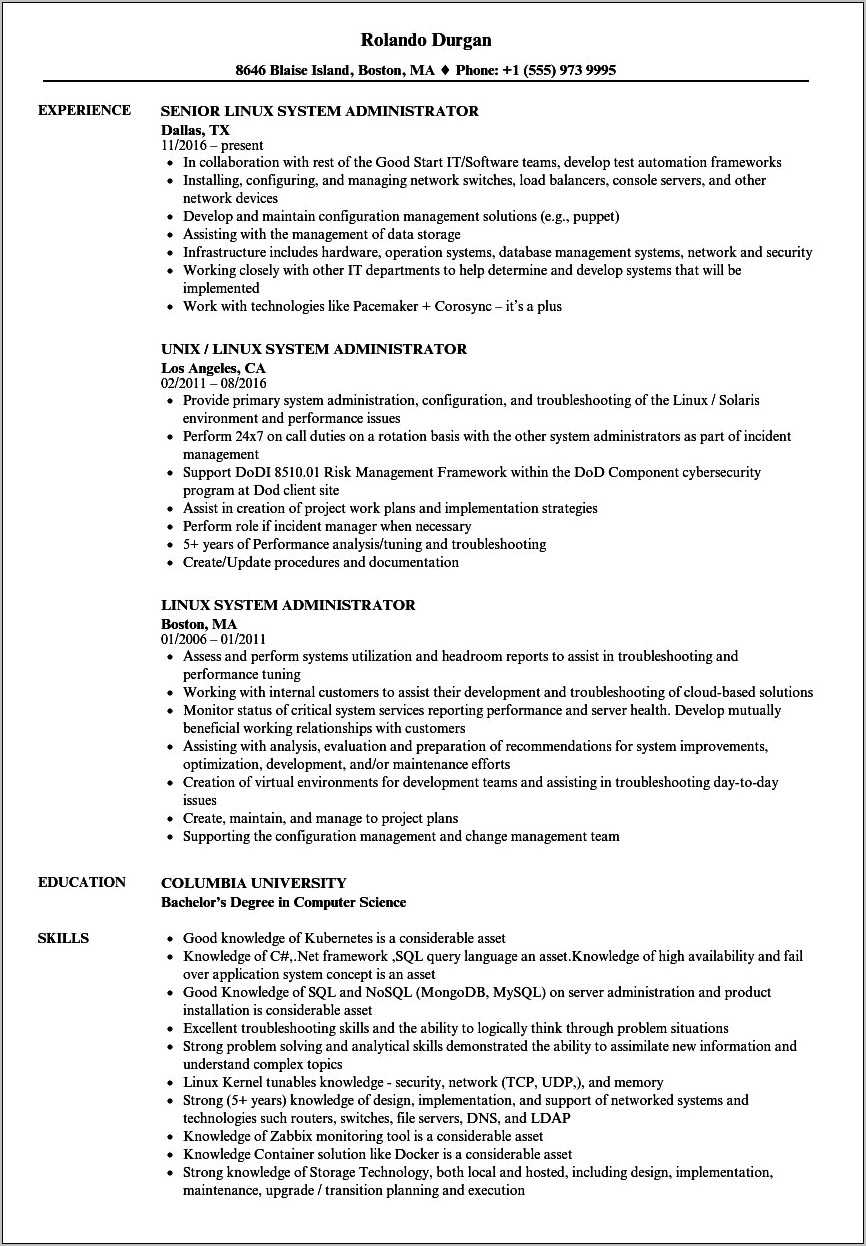 Sample Resume For Linux System Administrator Tech