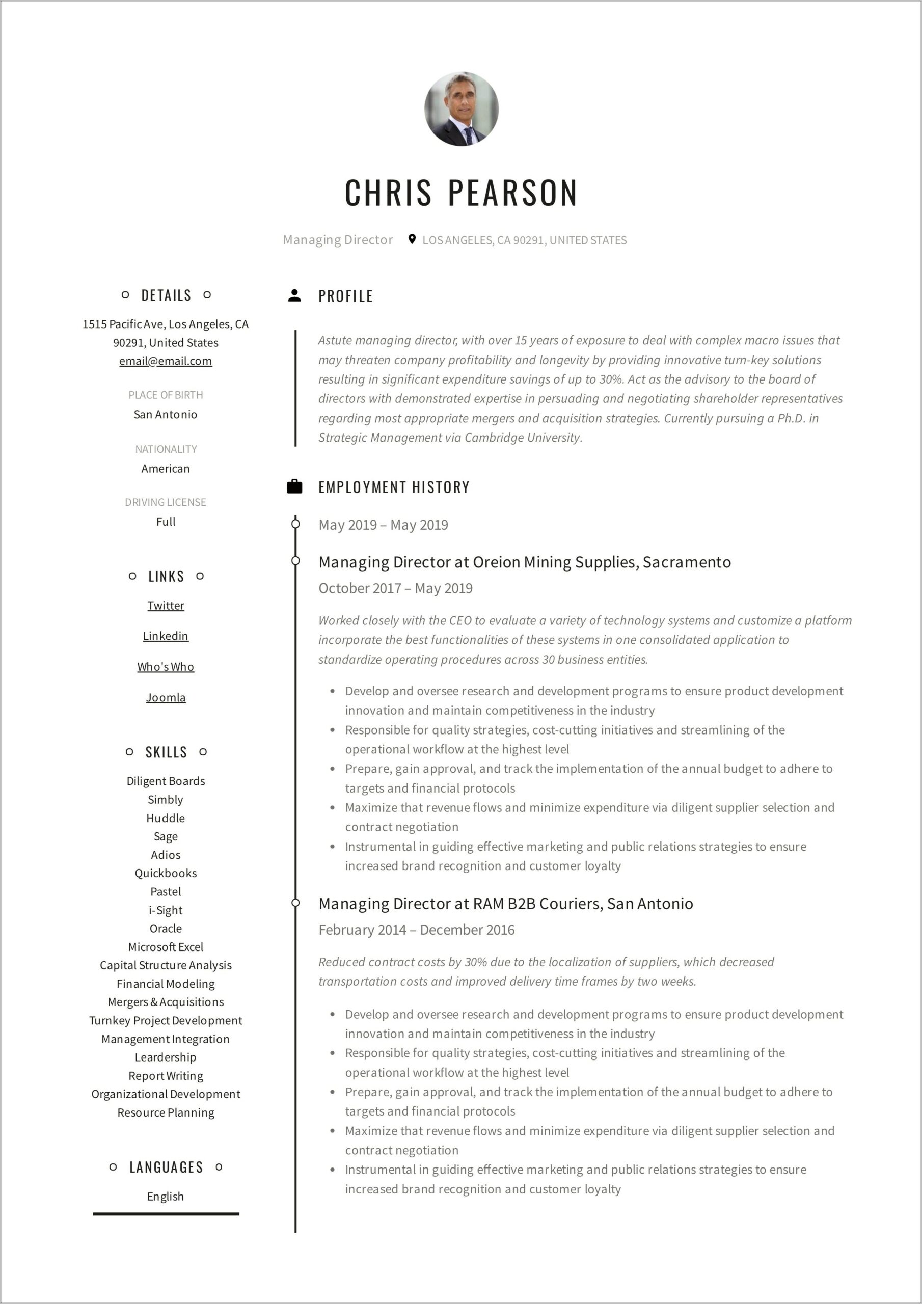 Sample Resume For Managing Director Position