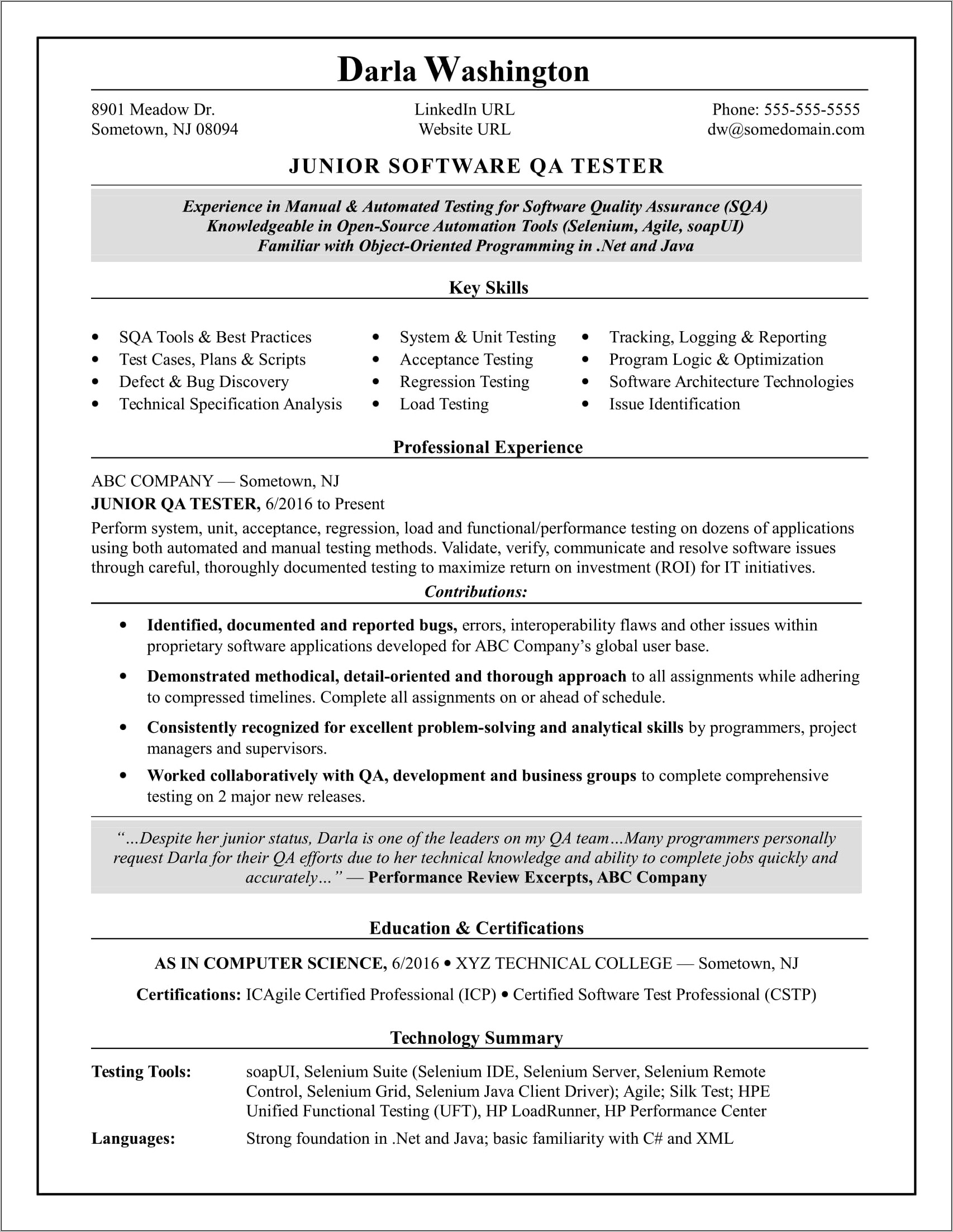 Sample Resume For Manual Testing Profile