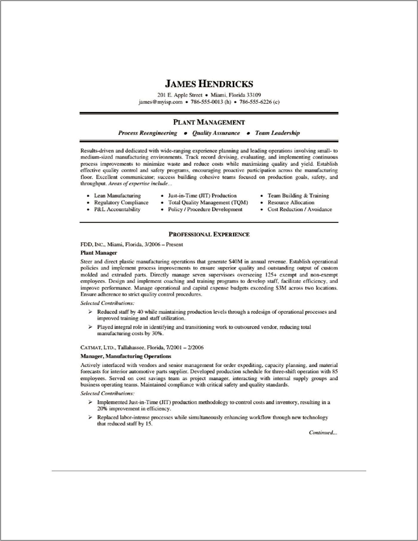 Sample Resume For Manufacturing Operations Manager