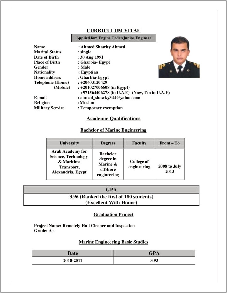 Sample Resume For Marine Engineering Cadet