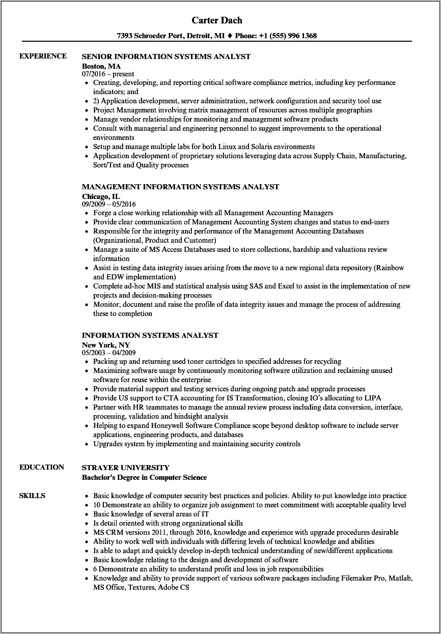 Sample Resume For Masters In Information Systems Student