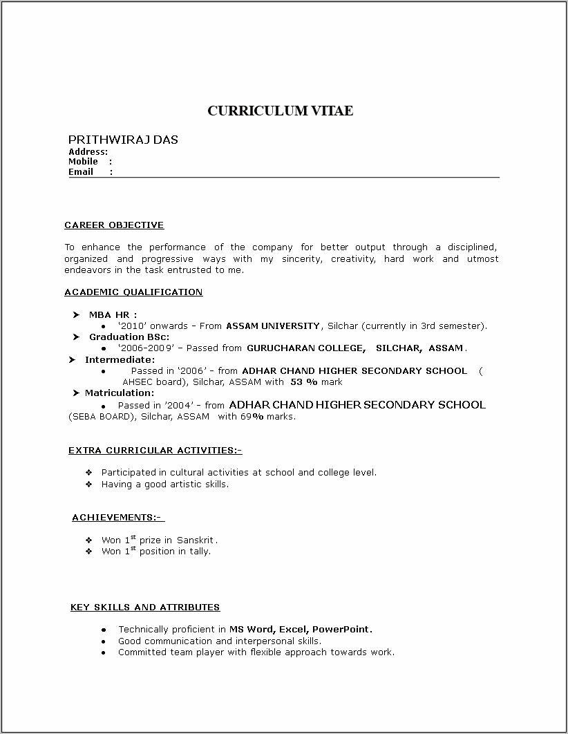 Sample Resume For Mba Operations Freshers