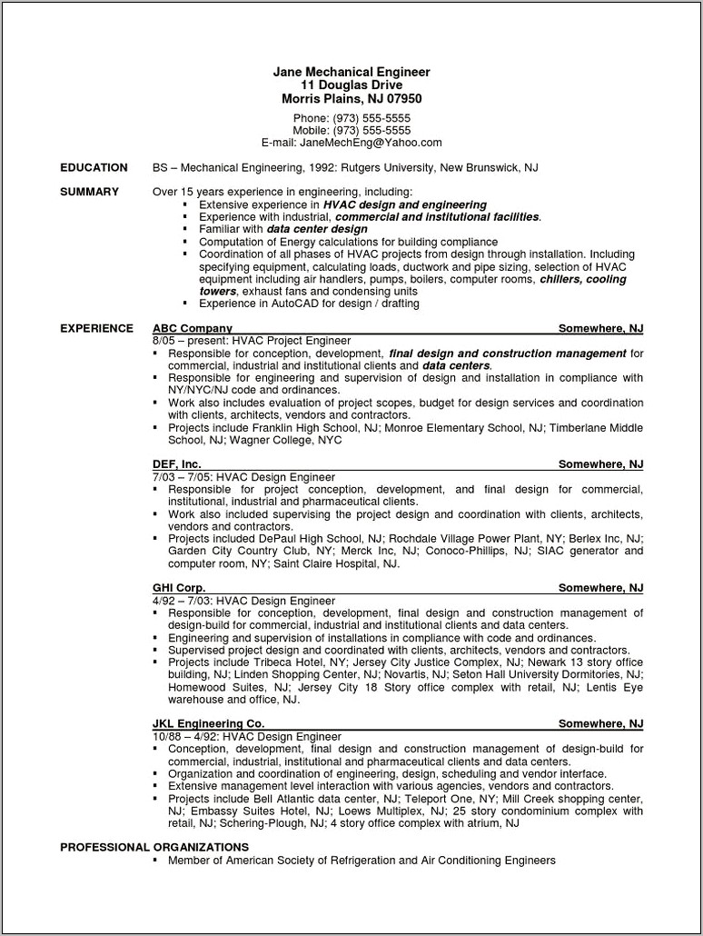 Sample Resume For Mechanical Plant Design Engineer