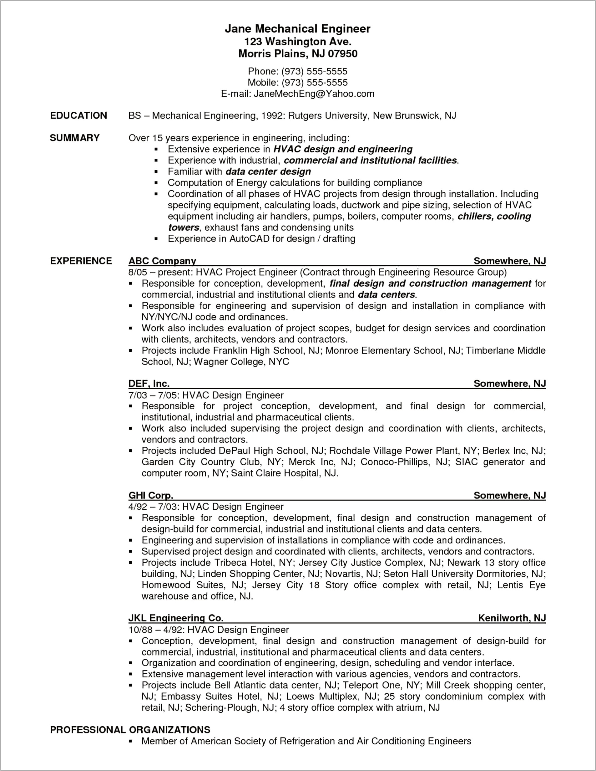 Sample Resume For Mechanical Plant Engineer