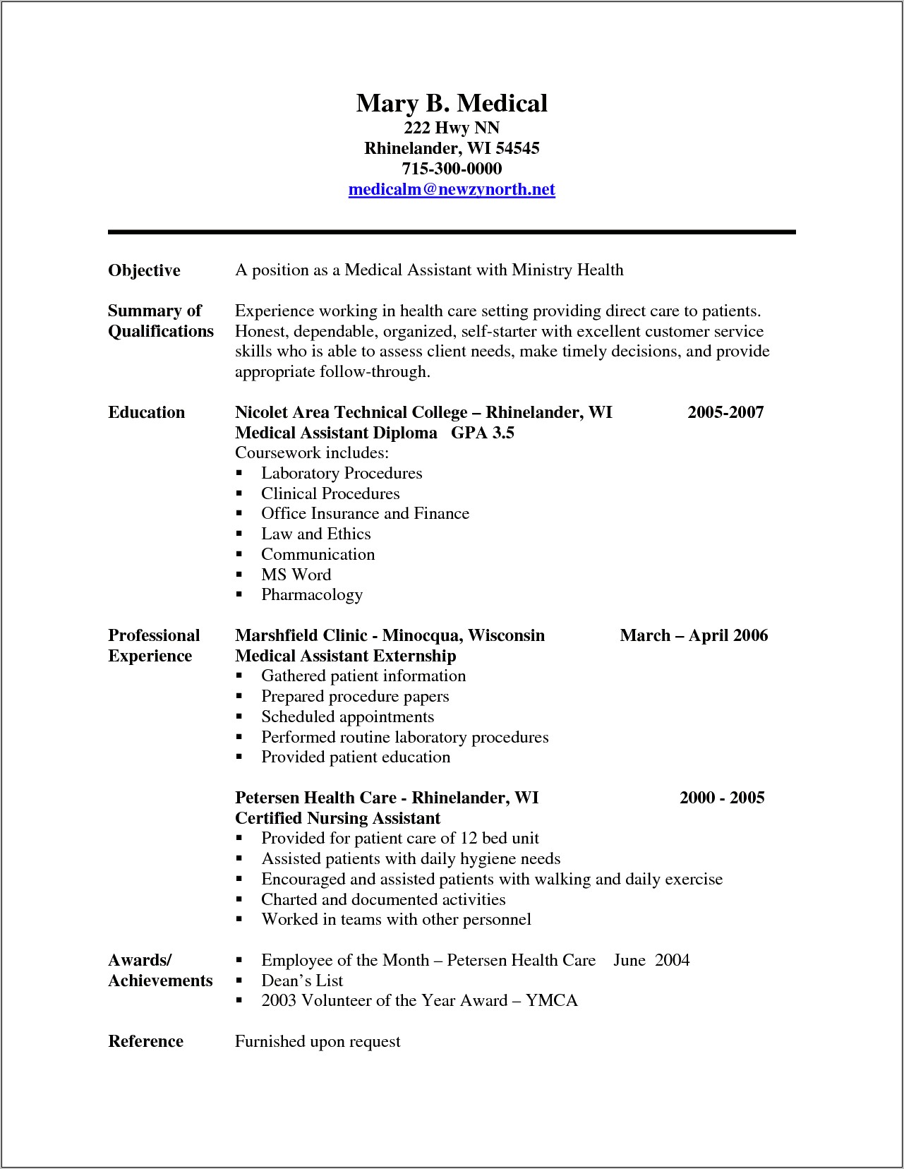 Sample Resume For Medical Assistant Externship