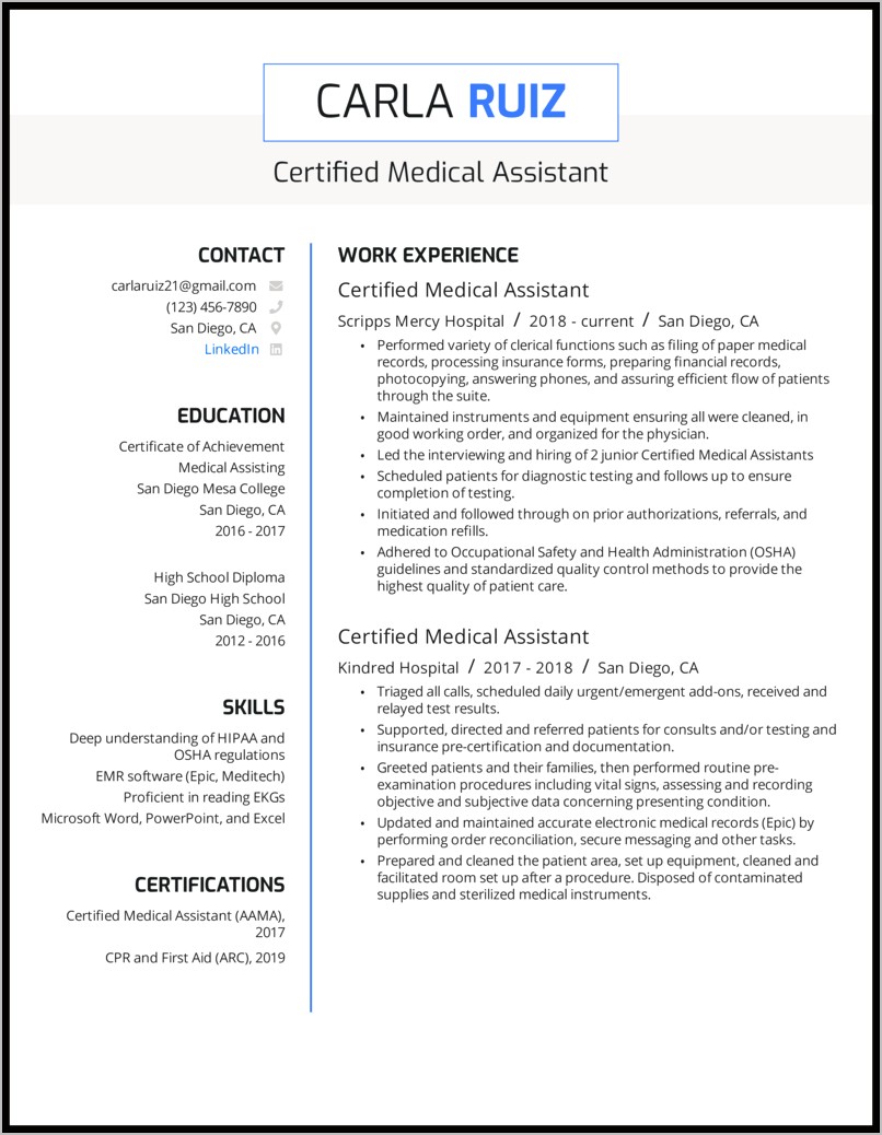 Sample Resume For Medical Assistant Graduate
