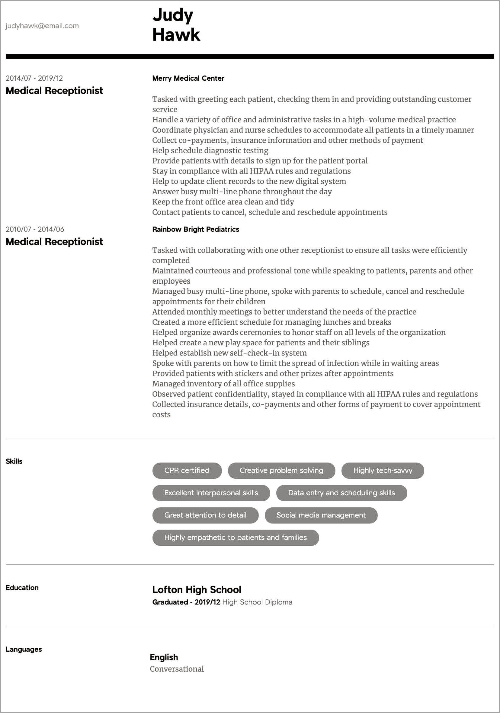Sample Resume For Medical Receptionist Position