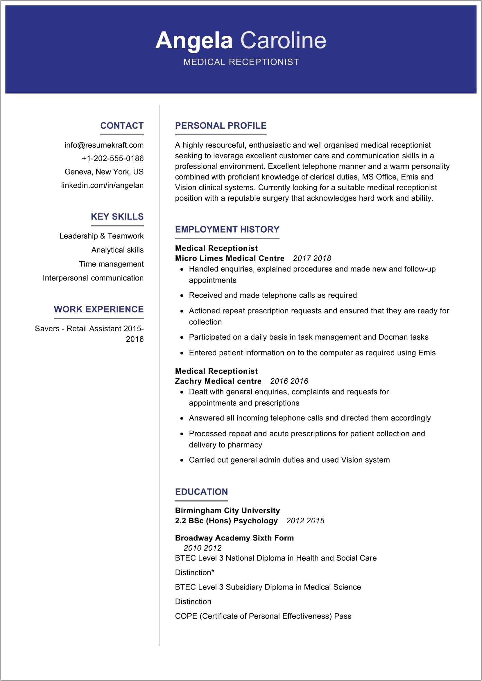 Sample Resume For Medical Receptionist With No Experience