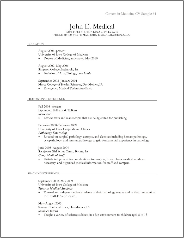 Sample Resume For Medical School Admission