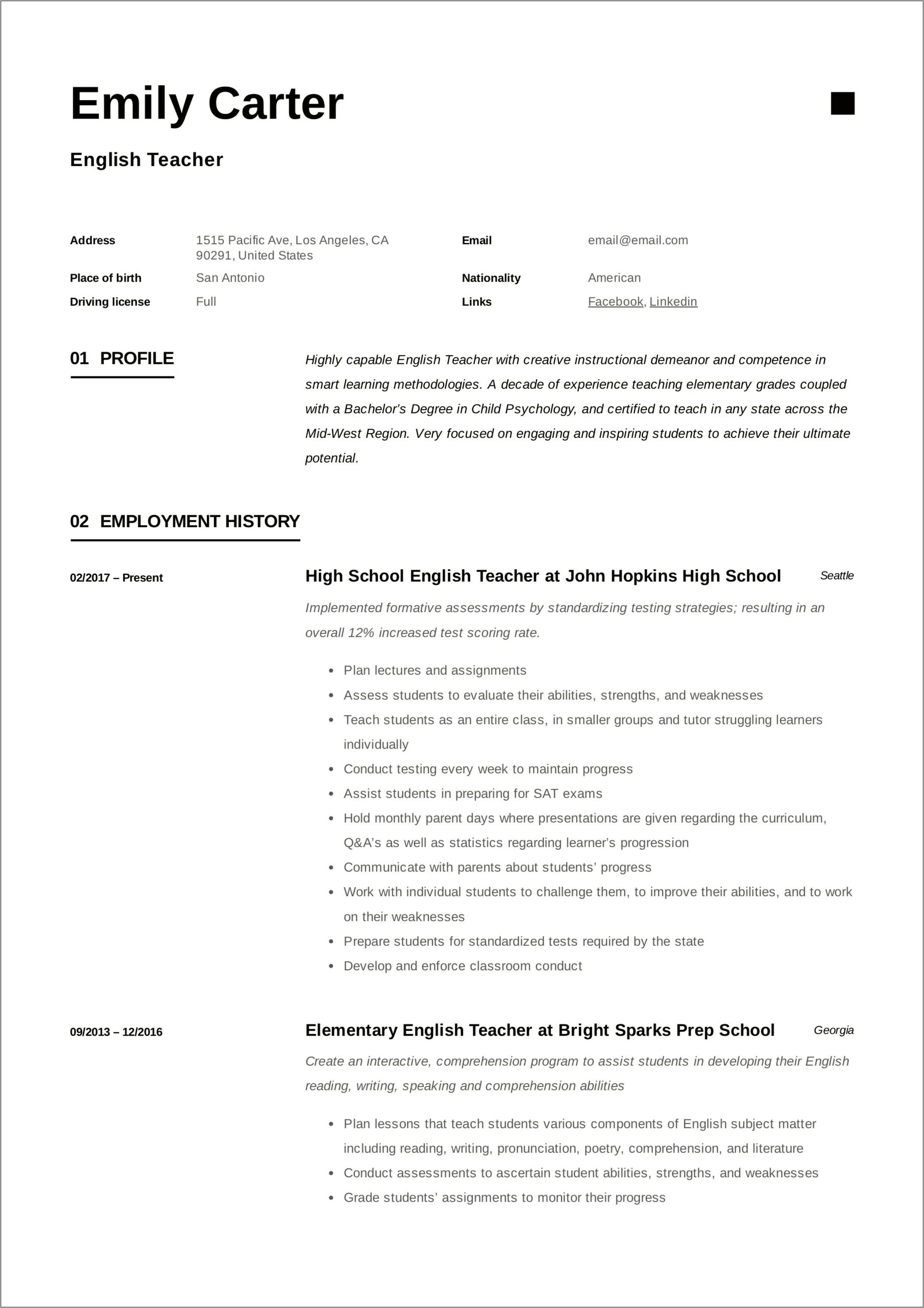 Sample Resume For Middle School English Teacher