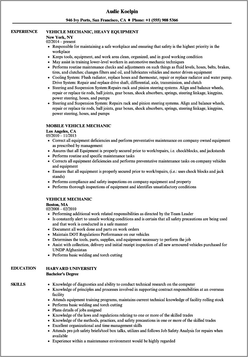 Sample Resume For Motor Vehicle Mechanic