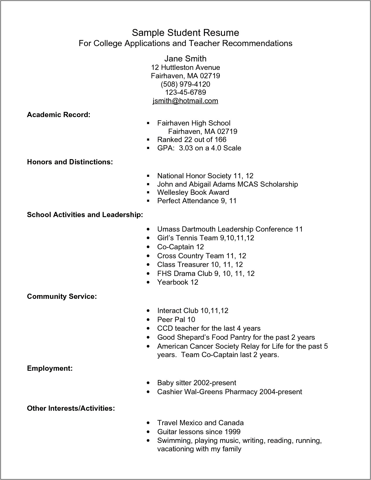 Sample Resume For National Honor Society