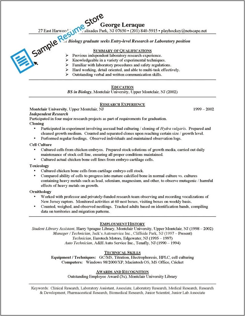 Sample Resume For New Medical Lab Technician