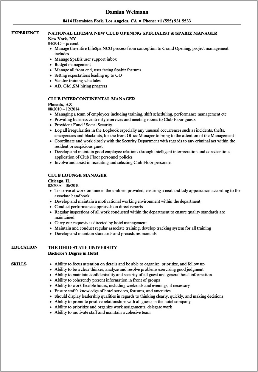 Sample Resume For Night Club Manager