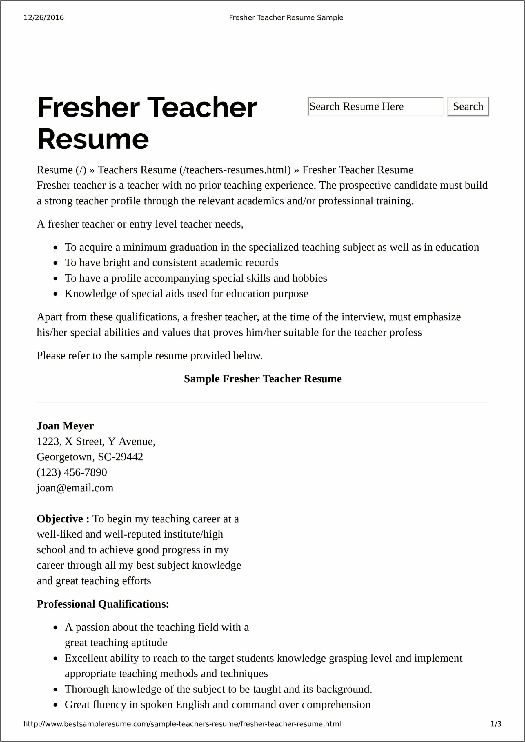 Sample Resume For Non Experienced Teacher