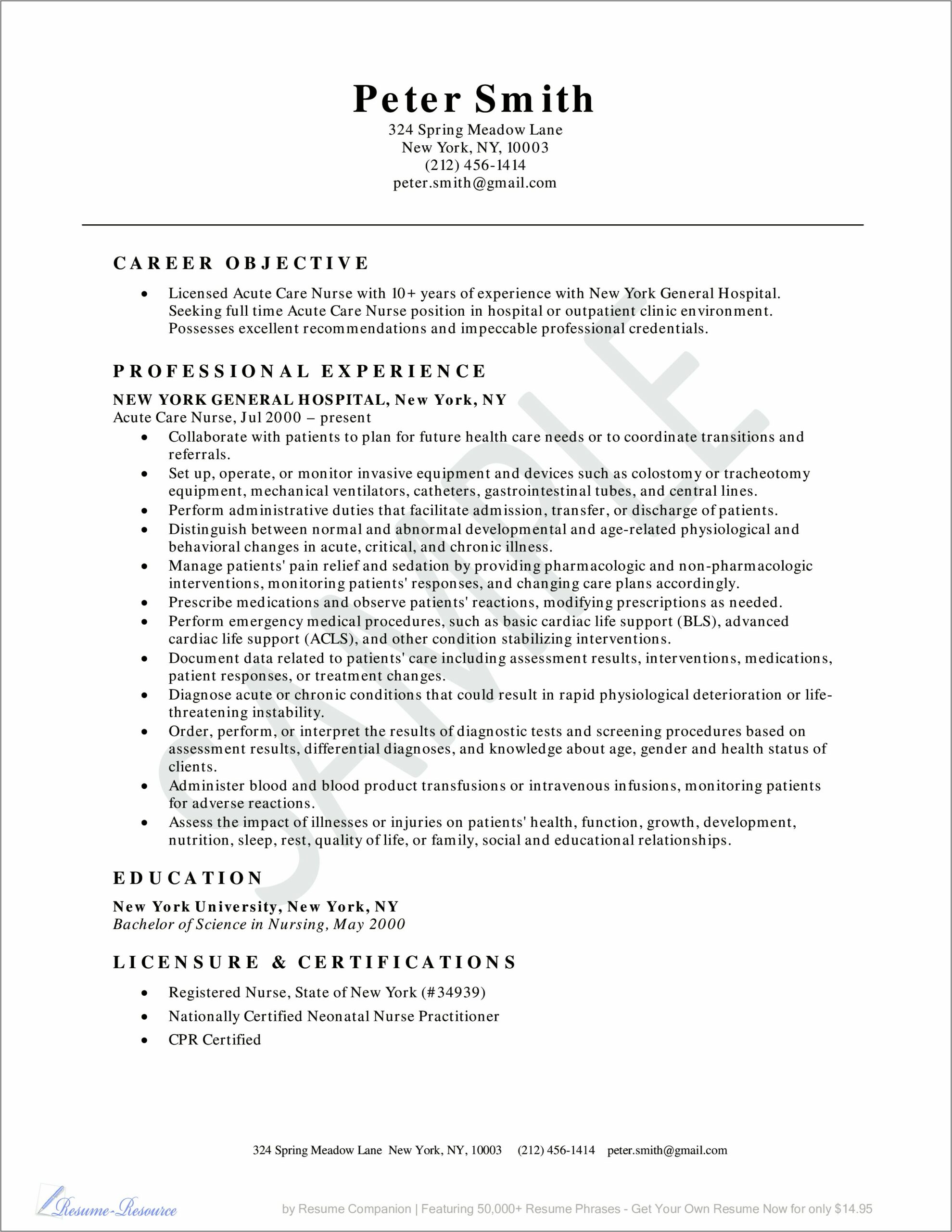 Sample Resume For Nurse Practitioner School