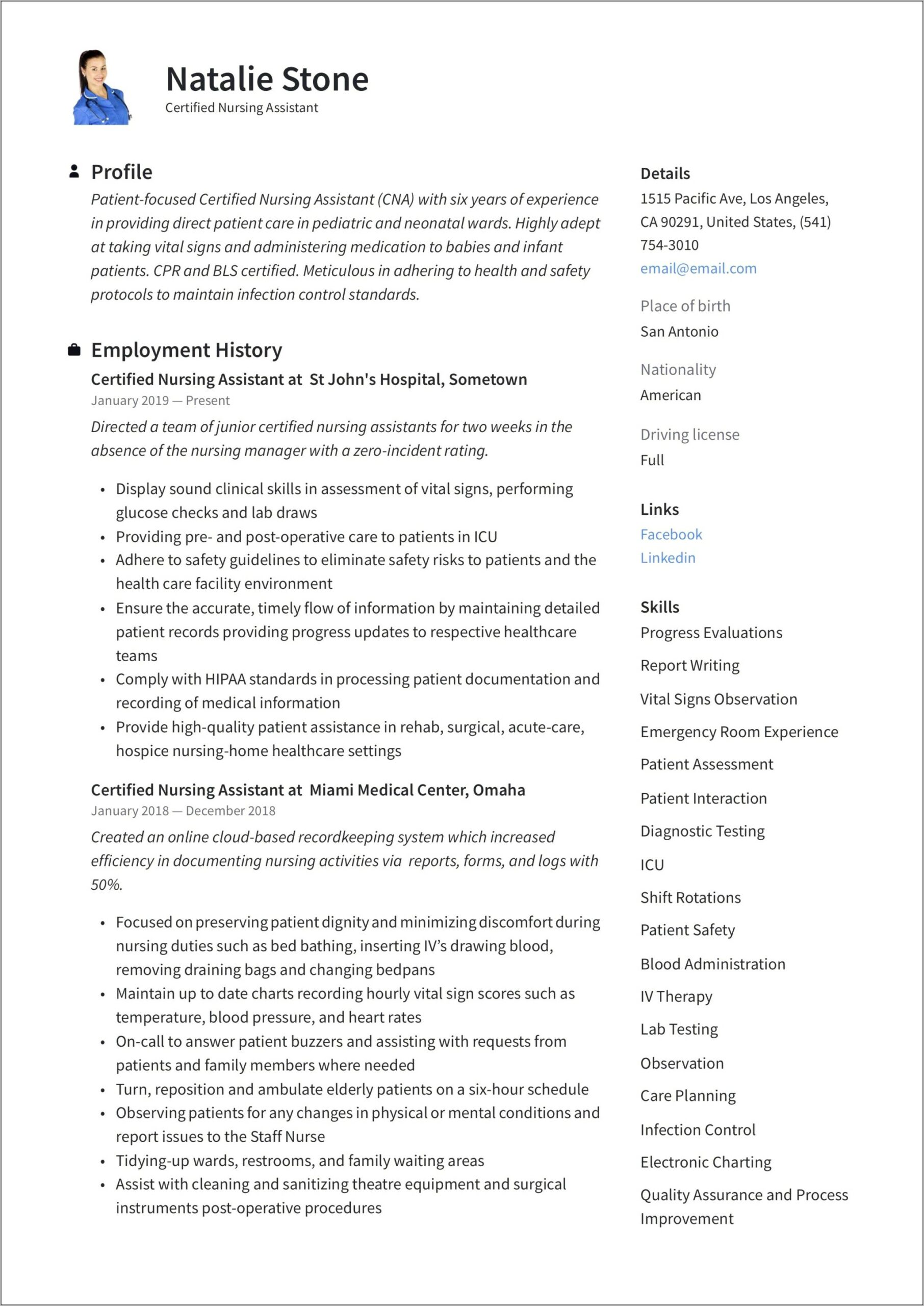 Sample Resume For Nursing Assistant Position