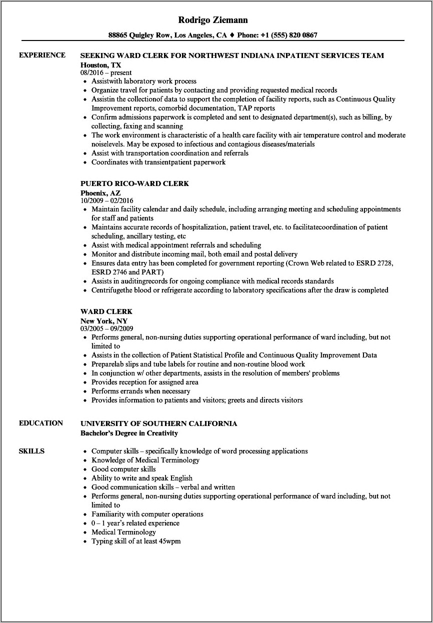 Sample Resume For Nursing Unit Secretary