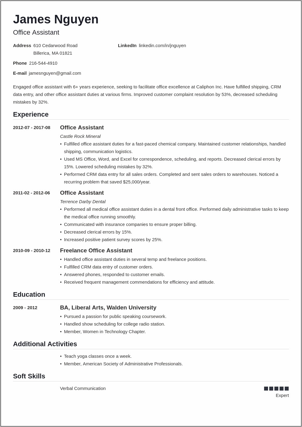 Sample Resume For Office Assistant In School