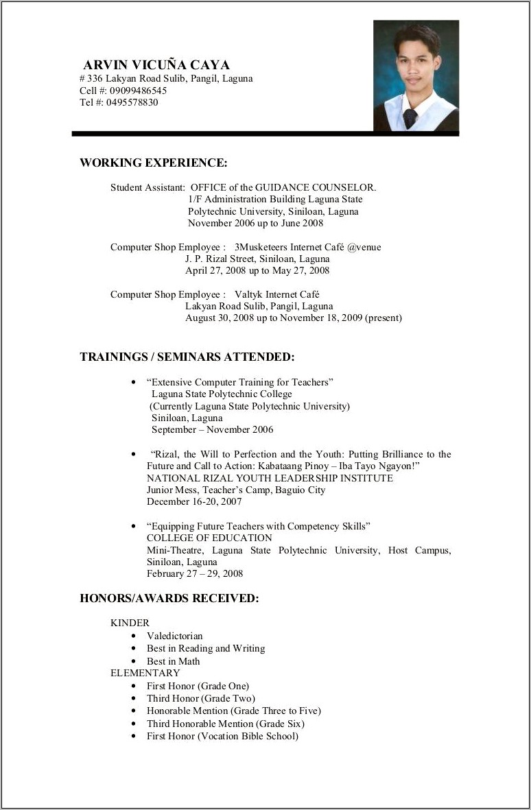 Sample Resume For On The Job Training Student
