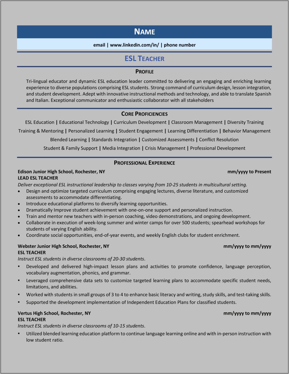 Sample Resume For Online English Teachers