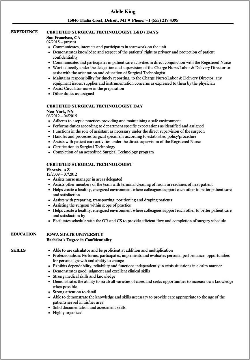 Sample Resume For Operating Room Technician