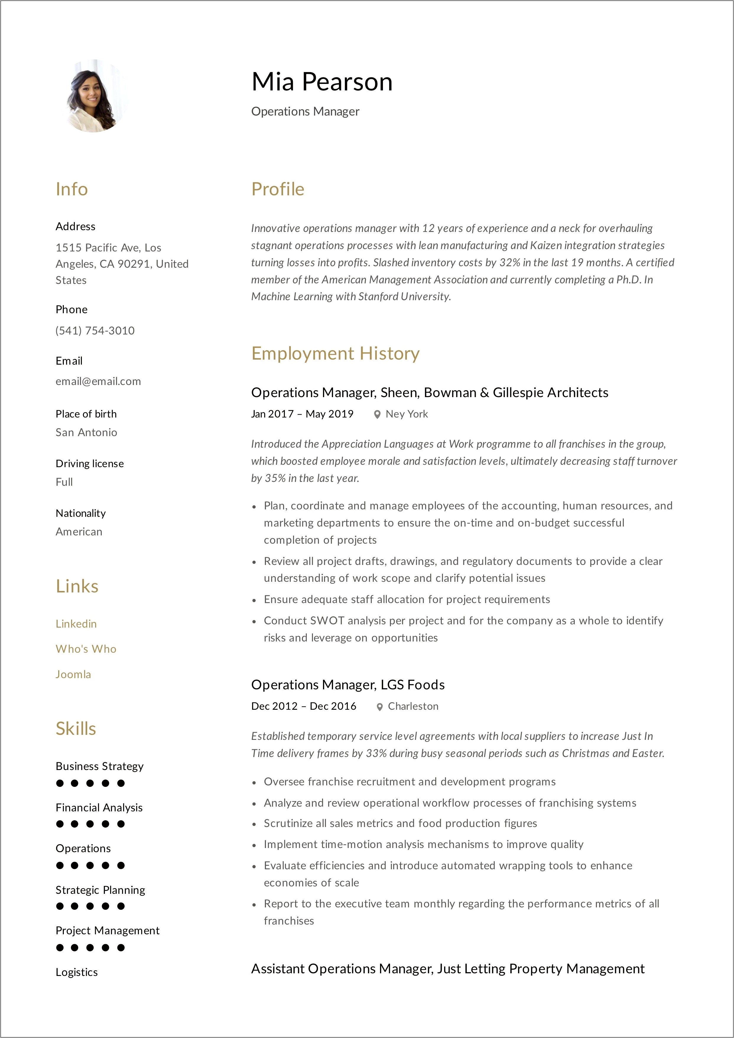 Sample Resume For Operations Manager In Banking